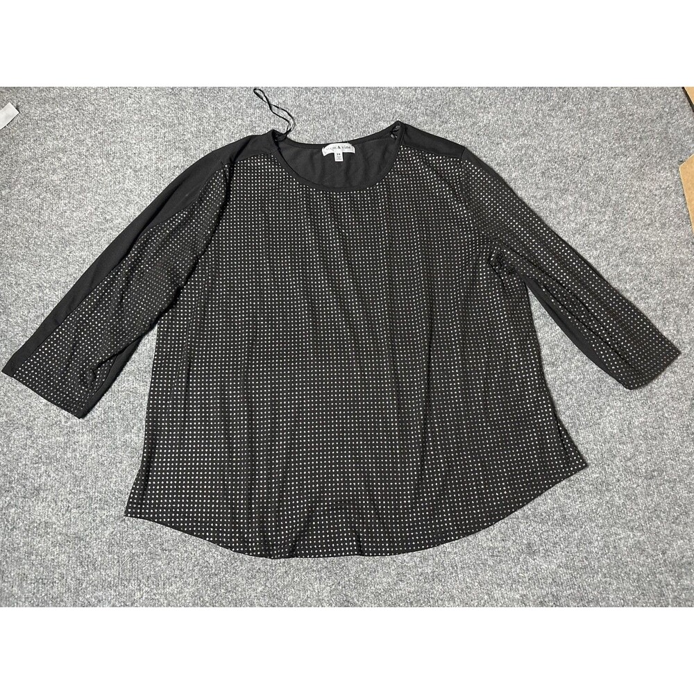 Stem & Vine Shirt Womens 2X Black Silver Dot Polyester Spandex 3/4 Sleeve Spring